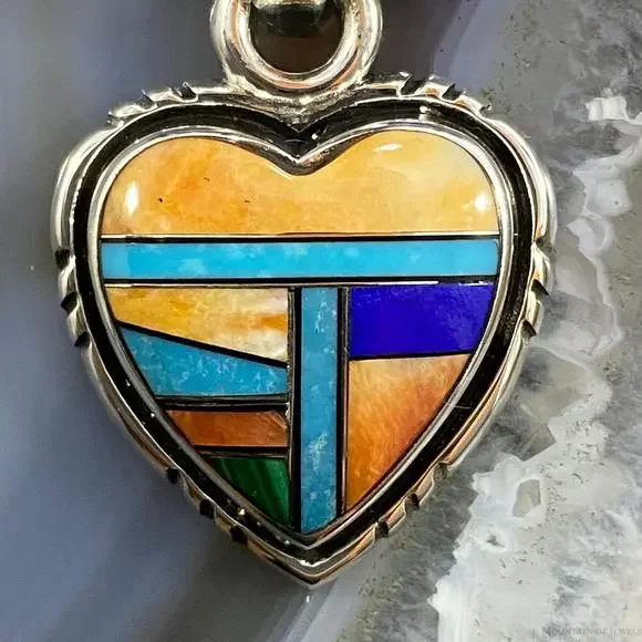 Native American Sterling Silver Heart Shape Multi Stone Inlay Pendant For Women - Picture 6 of 10